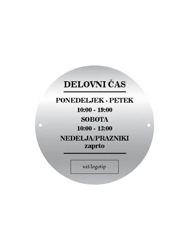 okrogla srebrna tablica delovni cas crn napis tina design